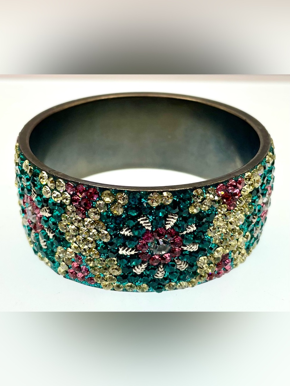 Vintage Rhinestone Crystal Floral Cuff Bracelet Wide Multicolor Statement - Picture 10 of 10